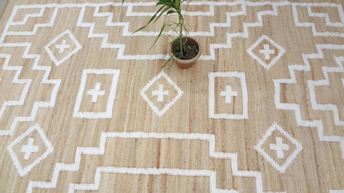 Handwoven Natural Jute & White Wool Boho Style Rug, Eco-Friendly Rugs