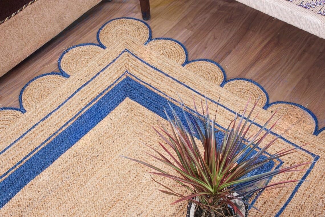 Handmade Scalloped Jute Rug – Boho Natural Fiber Rug with Unique Design
