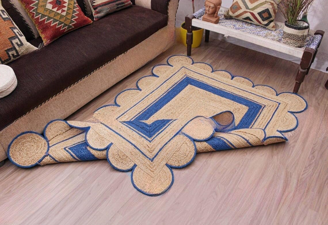 Handmade Scalloped Jute Rug – Boho Natural Fiber Rug with Unique Design