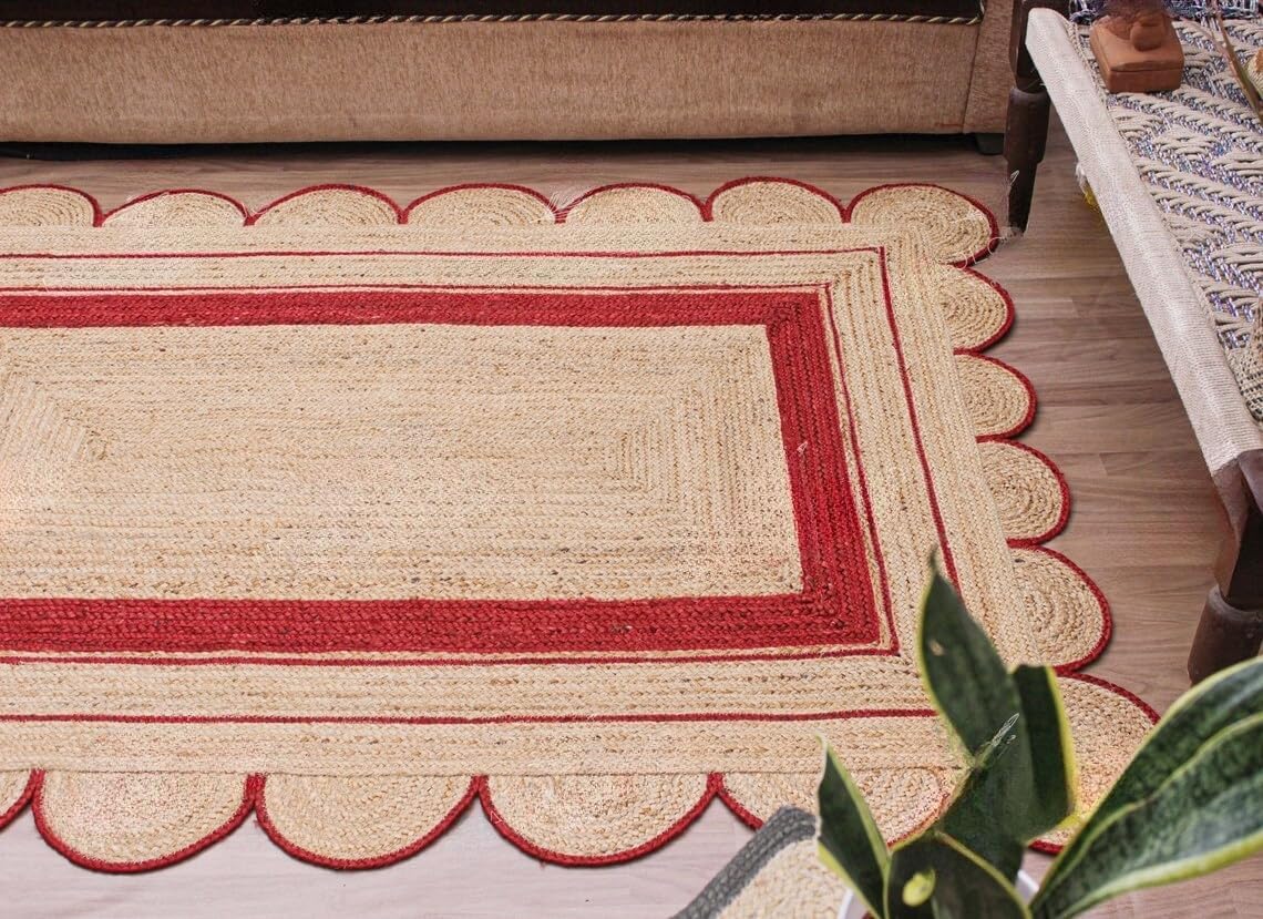 Handmade Scalloped Jute Rug – Boho Natural Fiber Rug with Unique Design