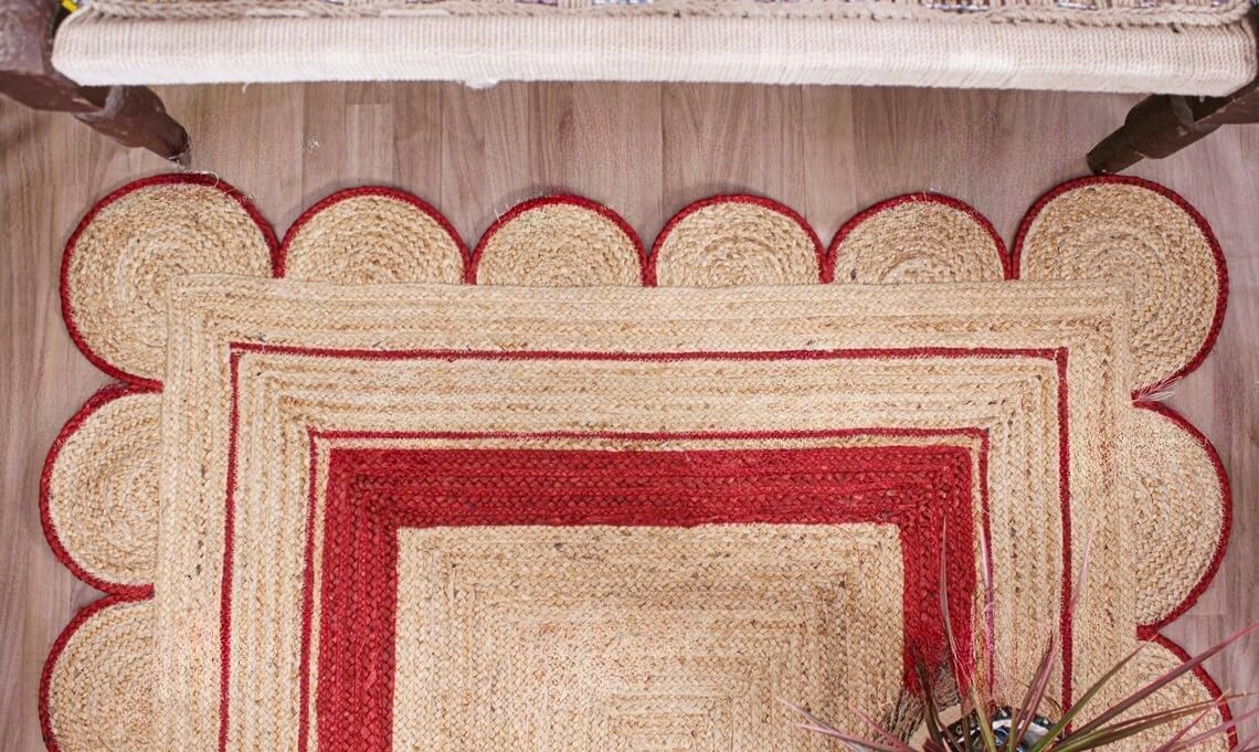 Handmade Scalloped Jute Rug – Boho Natural Fiber Rug with Unique Design