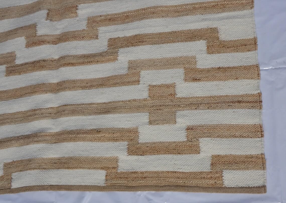 Handwoven Natural Jute & White Wool Boho Style Rug, Eco-Friendly Rugs