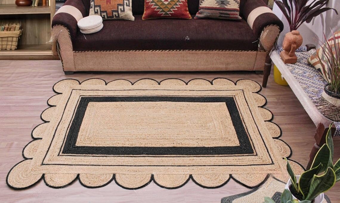 Handmade Scalloped Jute Rug – Boho Natural Fiber Rug with Unique Design