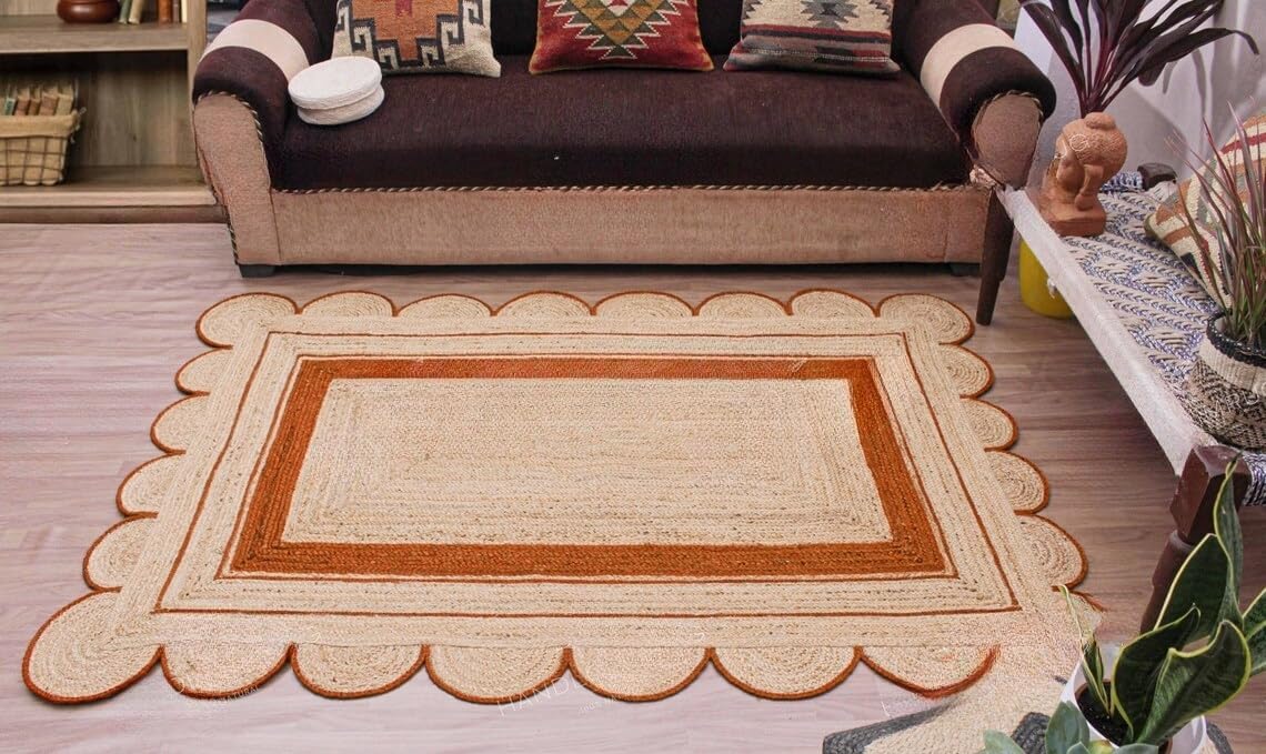 Handmade Scalloped Jute Rug – Boho Natural Fiber Rug with Unique Design