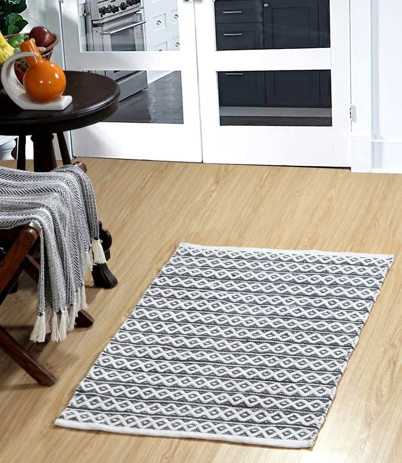 Cotton Rugs For Living Room Zig Zag Pattern Handmade Reversible Grey White Border Rug