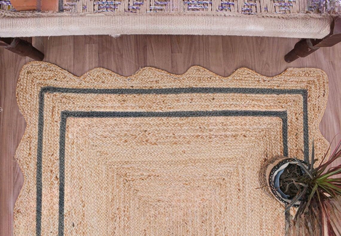Bohemian Scalloped Jute Rug – Unique Design Natural Fiber Area Rug