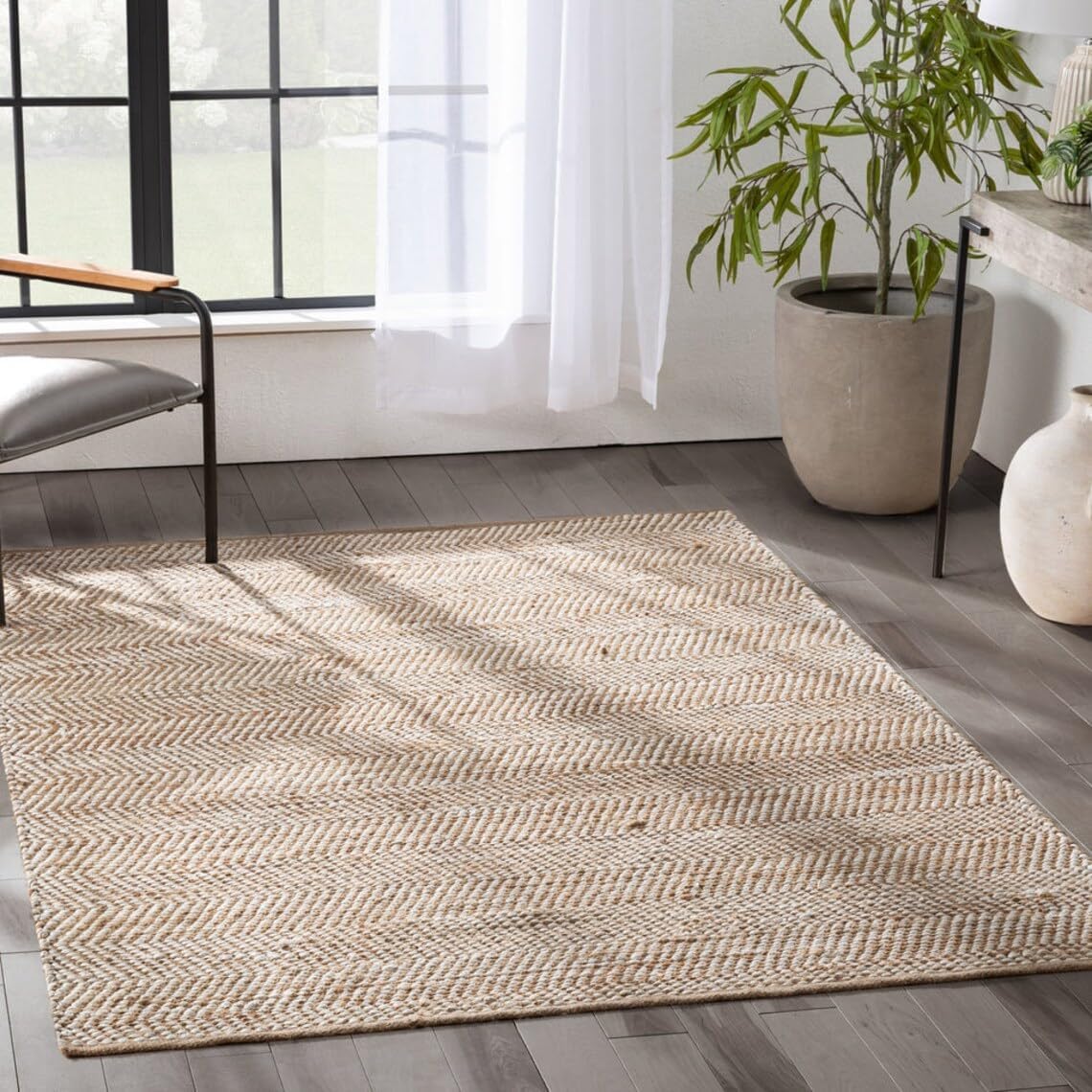 Handwoven Natural Jute and White Cotton jig Jak Design Rug,Eco-Friendly Rugs