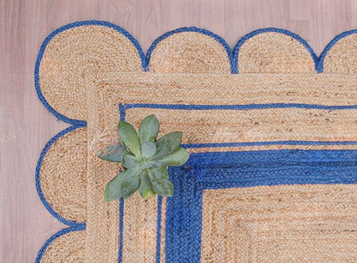 Handmade Scalloped Jute Rug – Boho Natural Fiber Rug with Unique Design