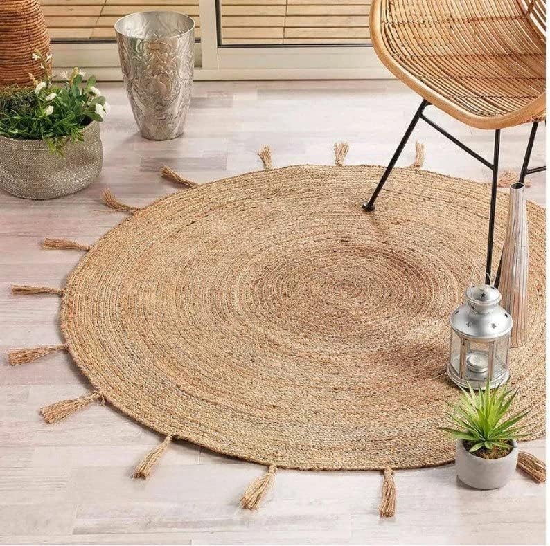 Eco-Friendly Round Jute Rug – Boho Style Fringed Natural Area Rug