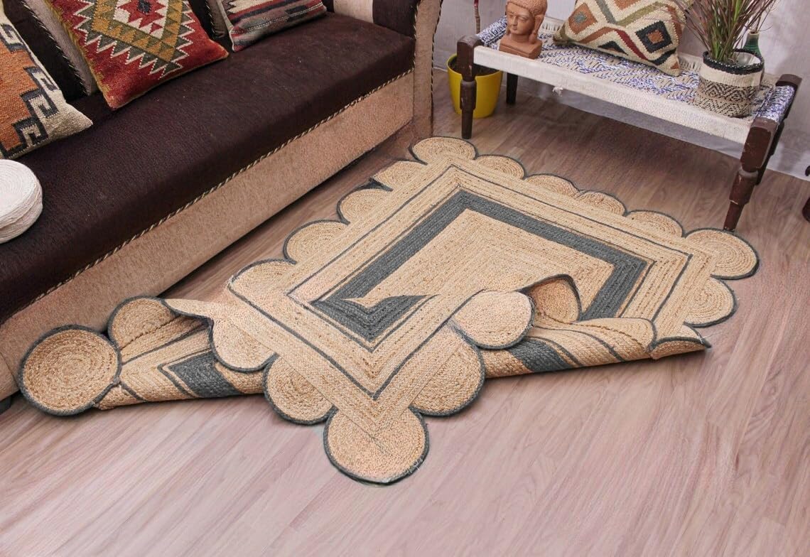 Handmade Scalloped Jute Rug – Boho Natural Fiber Rug with Unique Design