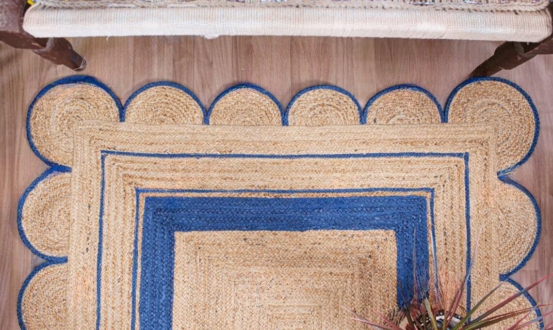 Handmade Scalloped Jute Rug – Boho Natural Fiber Rug with Unique Design