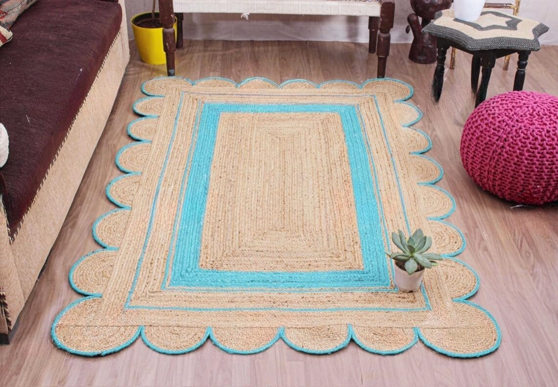 Handmade Scalloped Jute Rug – Boho Natural Fiber Rug with Unique Design