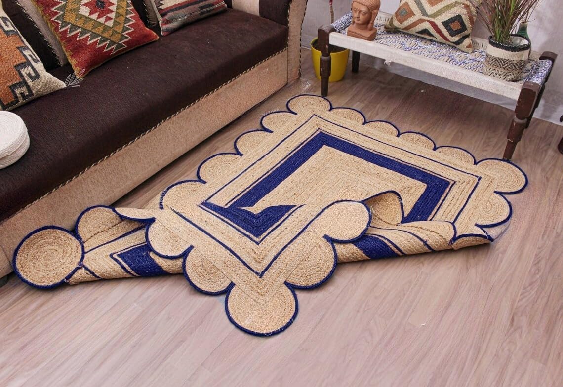Handmade Scalloped Jute Rug – Boho Natural Fiber Rug with Unique Design