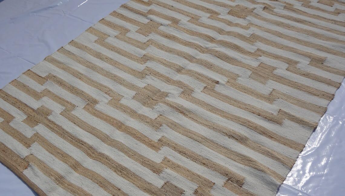 Handwoven Natural Jute & White Wool Boho Style Rug, Eco-Friendly Rugs