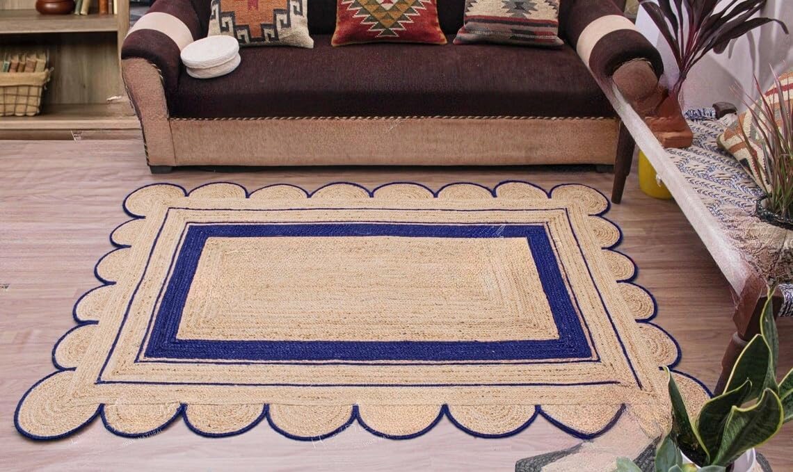 Handmade Scalloped Jute Rug – Boho Natural Fiber Rug with Unique Design
