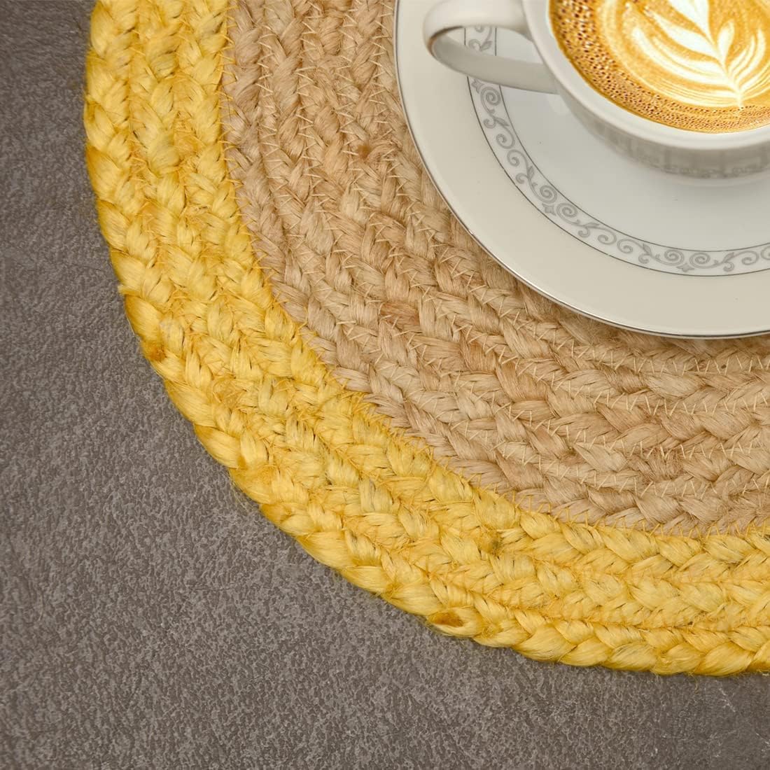 Non-Slip Table Top,Handmade BraideYellow Border Beige Inside Coaster