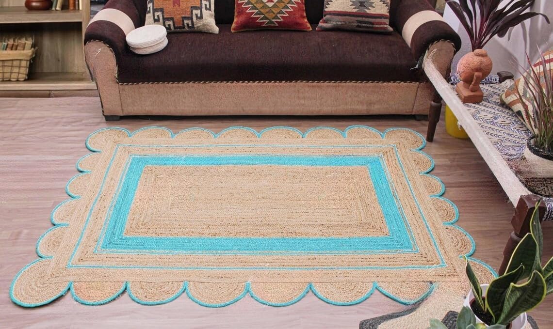 Handmade Scalloped Jute Rug – Boho Natural Fiber Rug with Unique Design