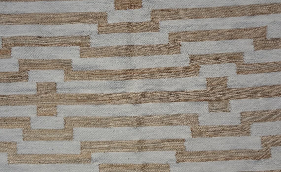 Handwoven Natural Jute & White Wool Boho Style Rug, Eco-Friendly Rugs