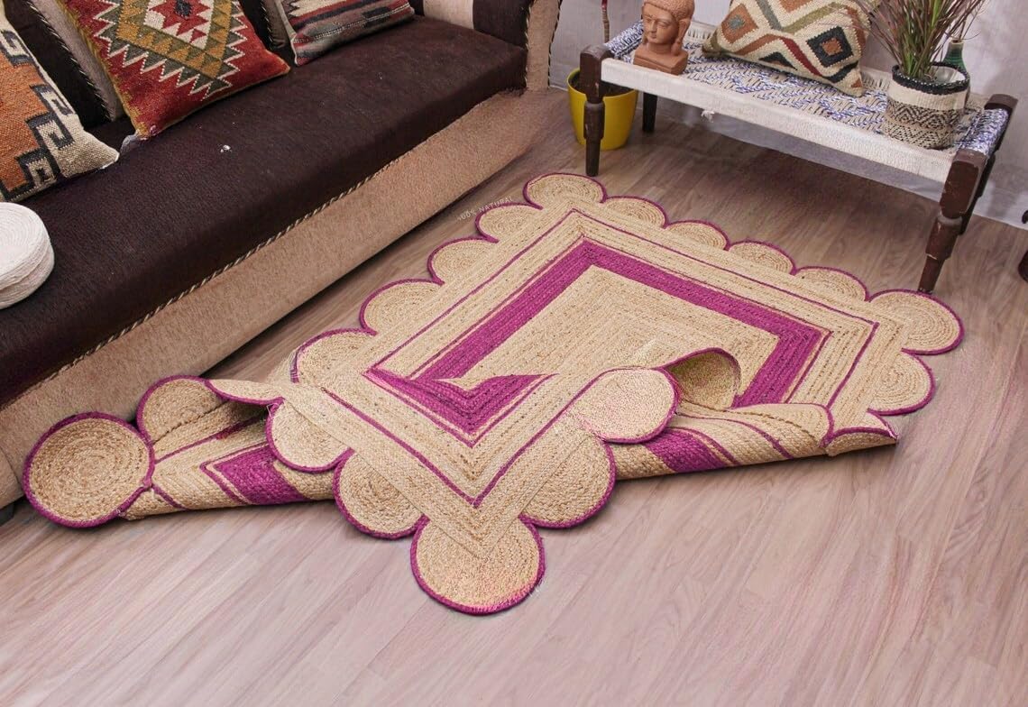 Handmade Scalloped Jute Rug – Boho Natural Fiber Rug with Unique Design