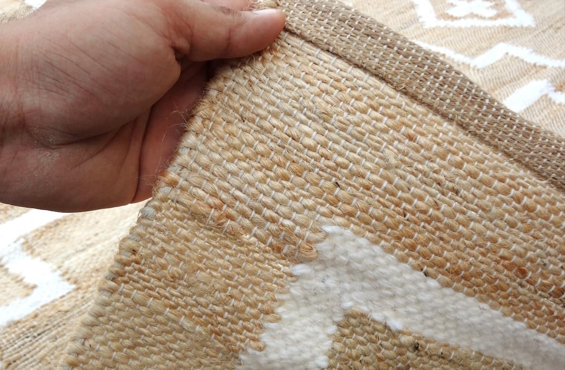 Handwoven Natural Jute & White Wool Boho Style Rug, Eco-Friendly Rugs