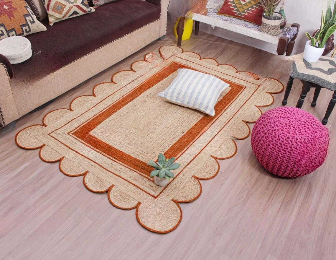Handmade Scalloped Jute Rug – Boho Natural Fiber Rug with Unique Design