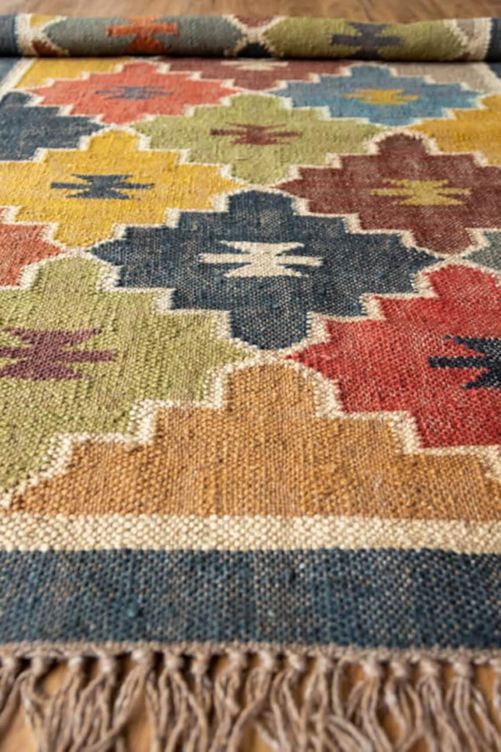 Boho Wool Jute Kilim Rug, Flatweave Multicolor Dhurrie Carpet