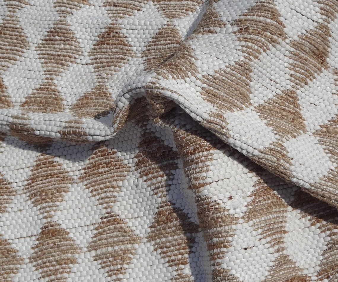 White Cotton & Jute Rug Dimond Pattern Boho Hand Woven Cotton Rugs,Natural Fiber Rugs