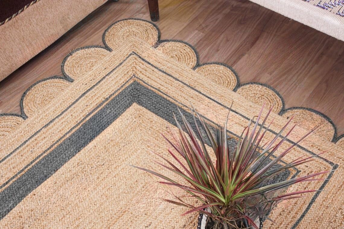 Handmade Scalloped Jute Rug – Boho Natural Fiber Rug with Unique Design