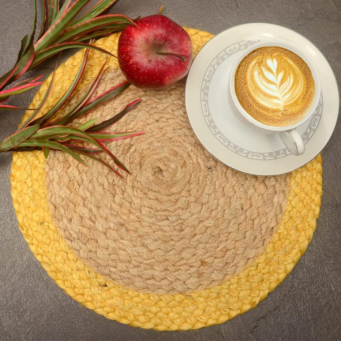 Non-Slip Table Top,Handmade BraideYellow Border Beige Inside Coaster