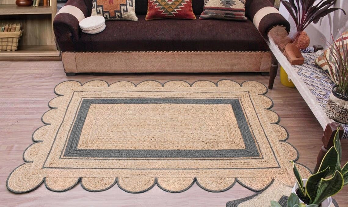 Handmade Scalloped Jute Rug – Boho Natural Fiber Rug with Unique Design
