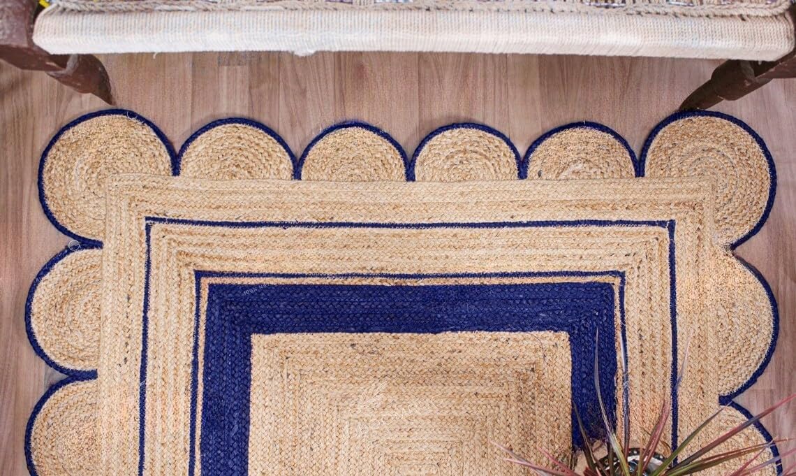 Handmade Scalloped Jute Rug – Boho Natural Fiber Rug with Unique Design