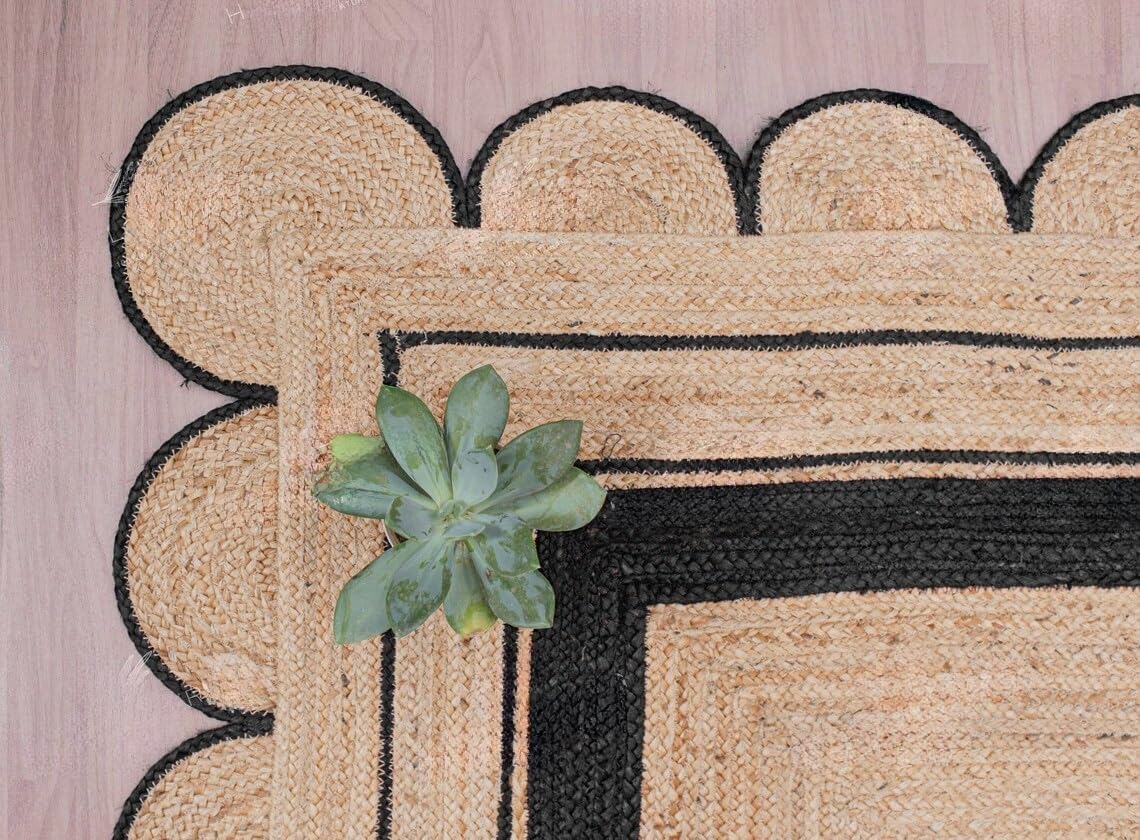 Handmade Scalloped Jute Rug – Boho Natural Fiber Rug with Unique Design
