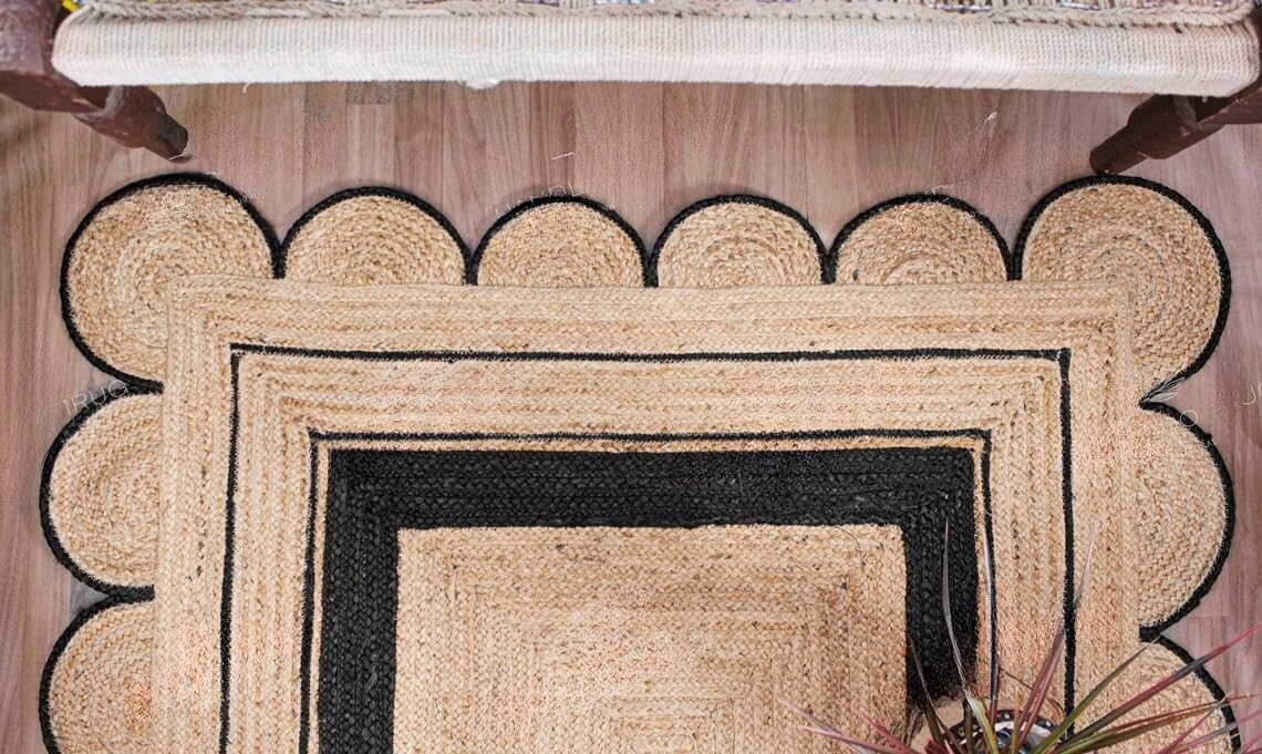 Handmade Scalloped Jute Rug – Boho Natural Fiber Rug with Unique Design