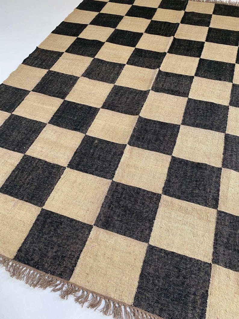 Wool Kilim Area Rugs,Checkered Pattern Black Color Ecofriendly Area Rug