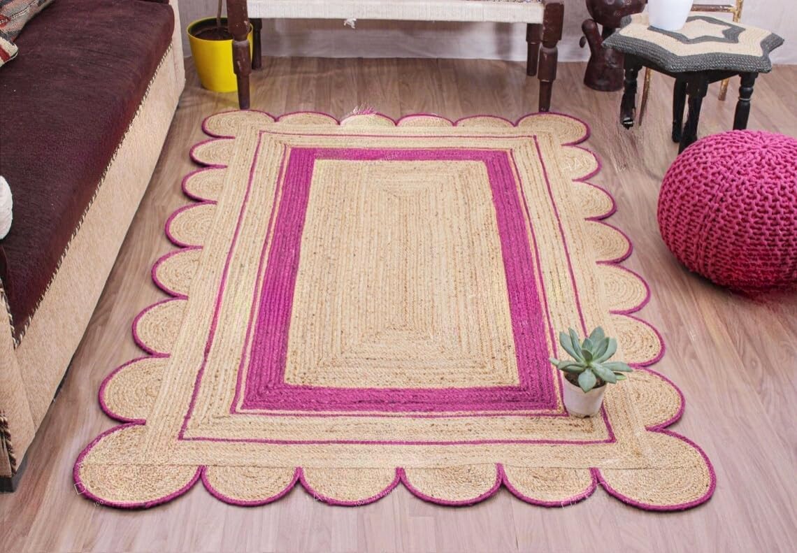 Handmade Scalloped Jute Rug – Boho Natural Fiber Rug with Unique Design