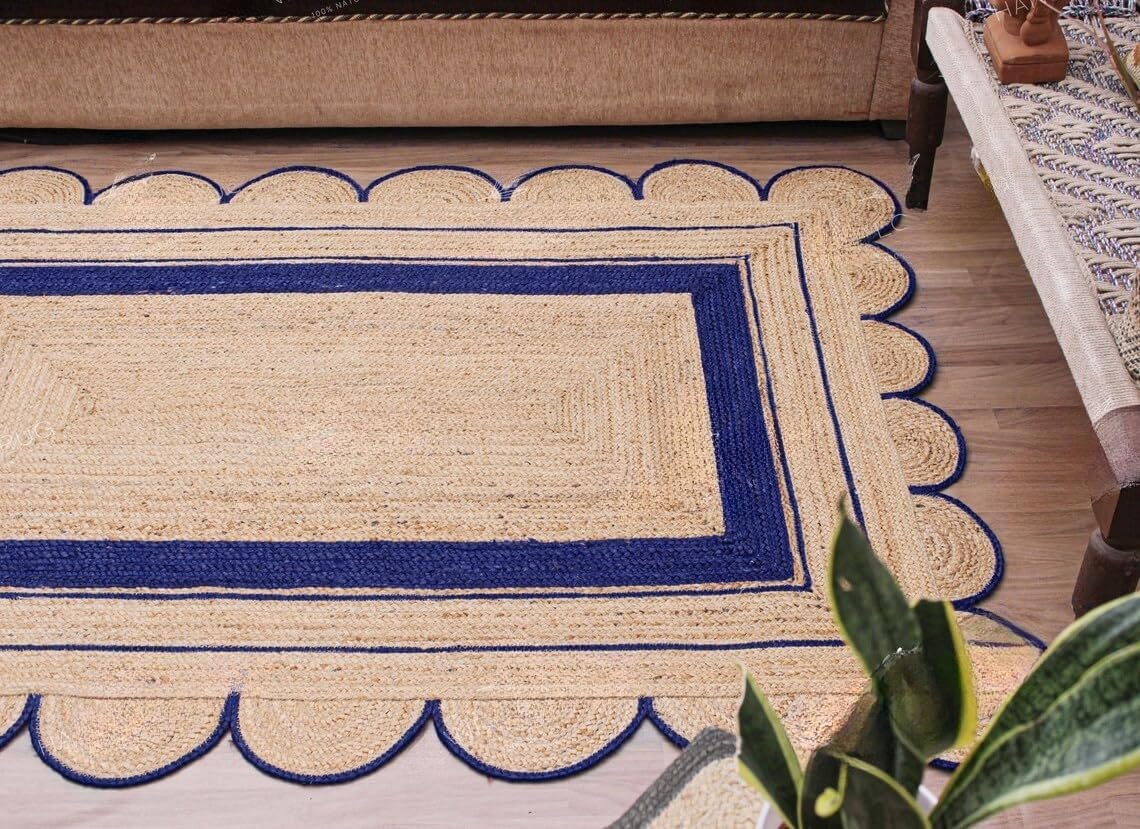 Handmade Scalloped Jute Rug – Boho Natural Fiber Rug with Unique Design