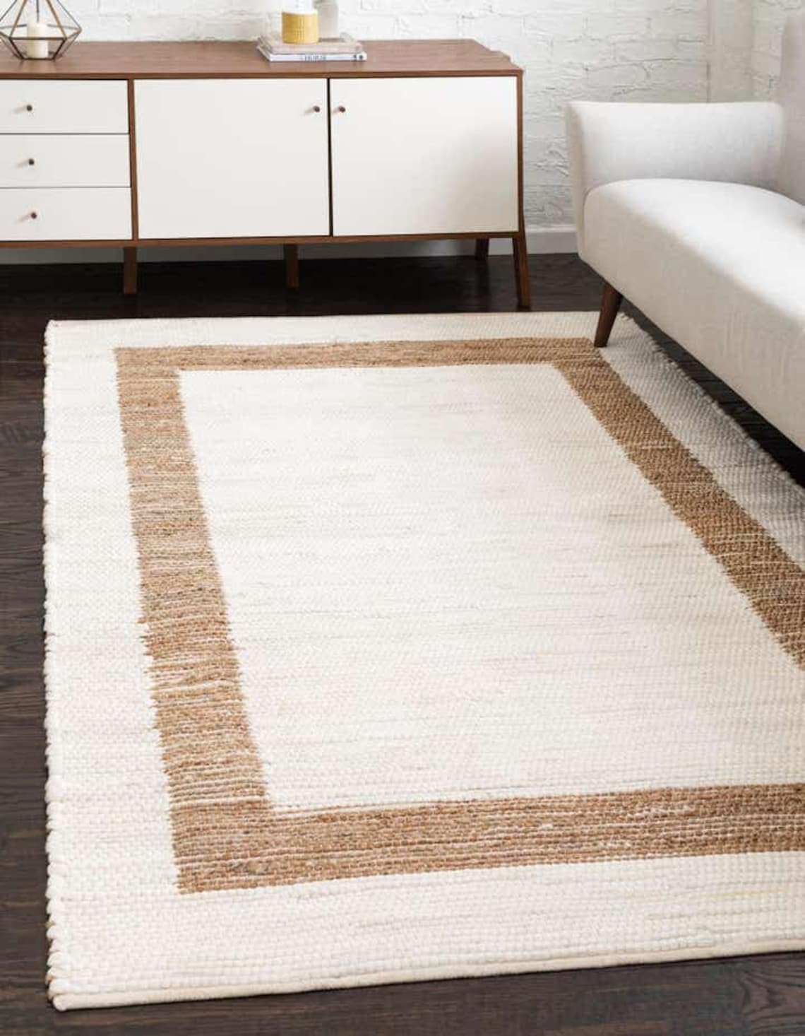 Tapis en jute et coton tissé à la main, style bohème, moderne, blanc