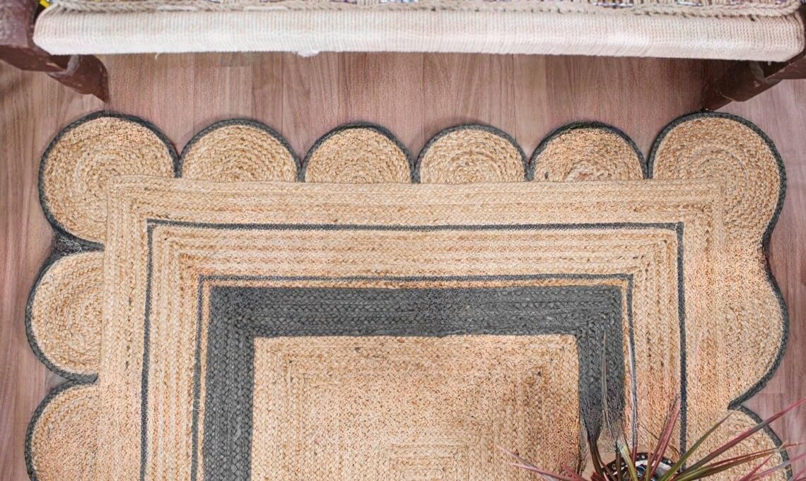 Handmade Scalloped Jute Rug – Boho Natural Fiber Rug with Unique Design