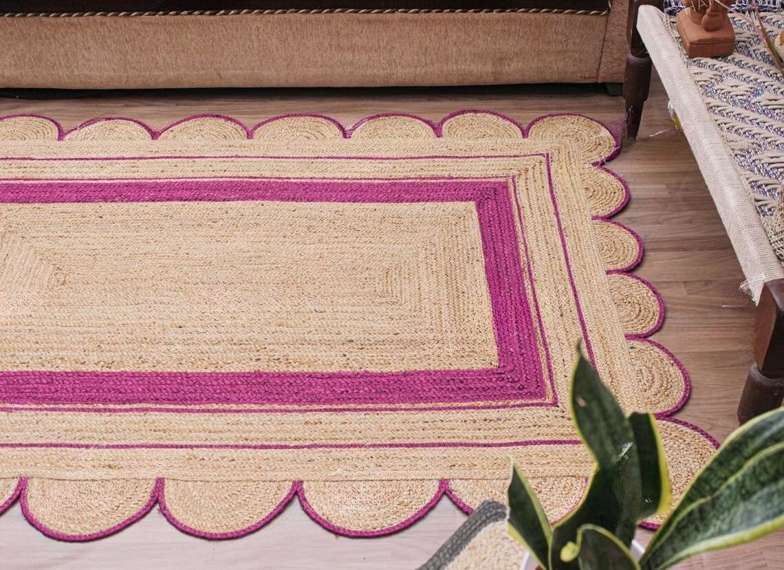 Handmade Scalloped Jute Rug – Boho Natural Fiber Rug with Unique Design