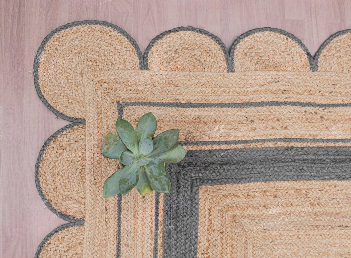 Handmade Scalloped Jute Rug – Boho Natural Fiber Rug with Unique Design