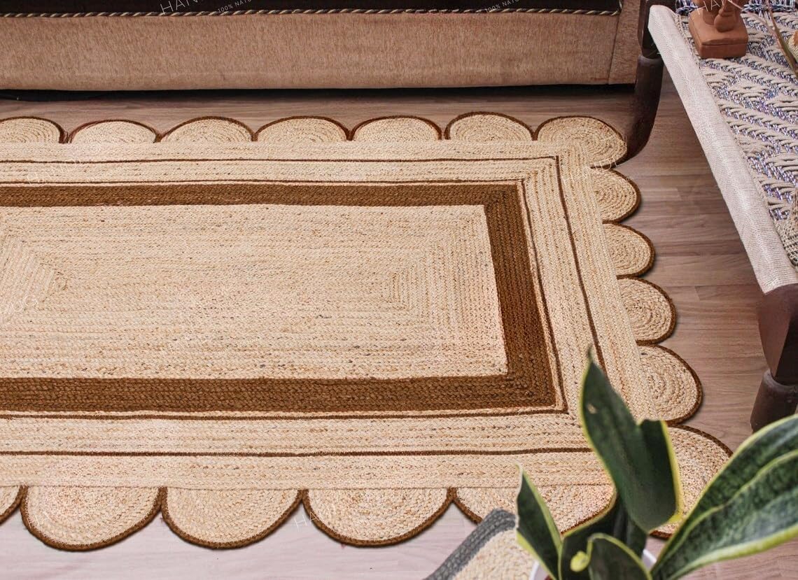 Handmade Scalloped Jute Rug – Boho Natural Fiber Rug with Unique Design