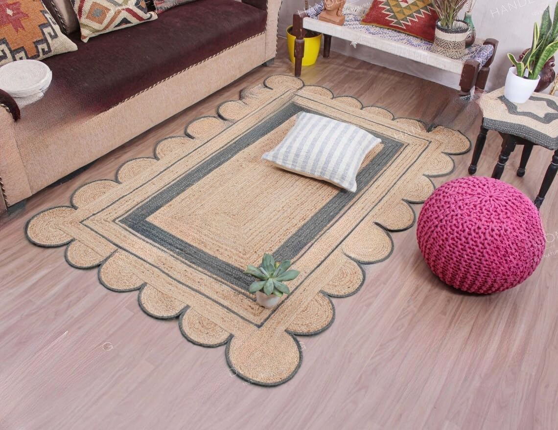 Handmade Scalloped Jute Rug – Boho Natural Fiber Rug with Unique Design