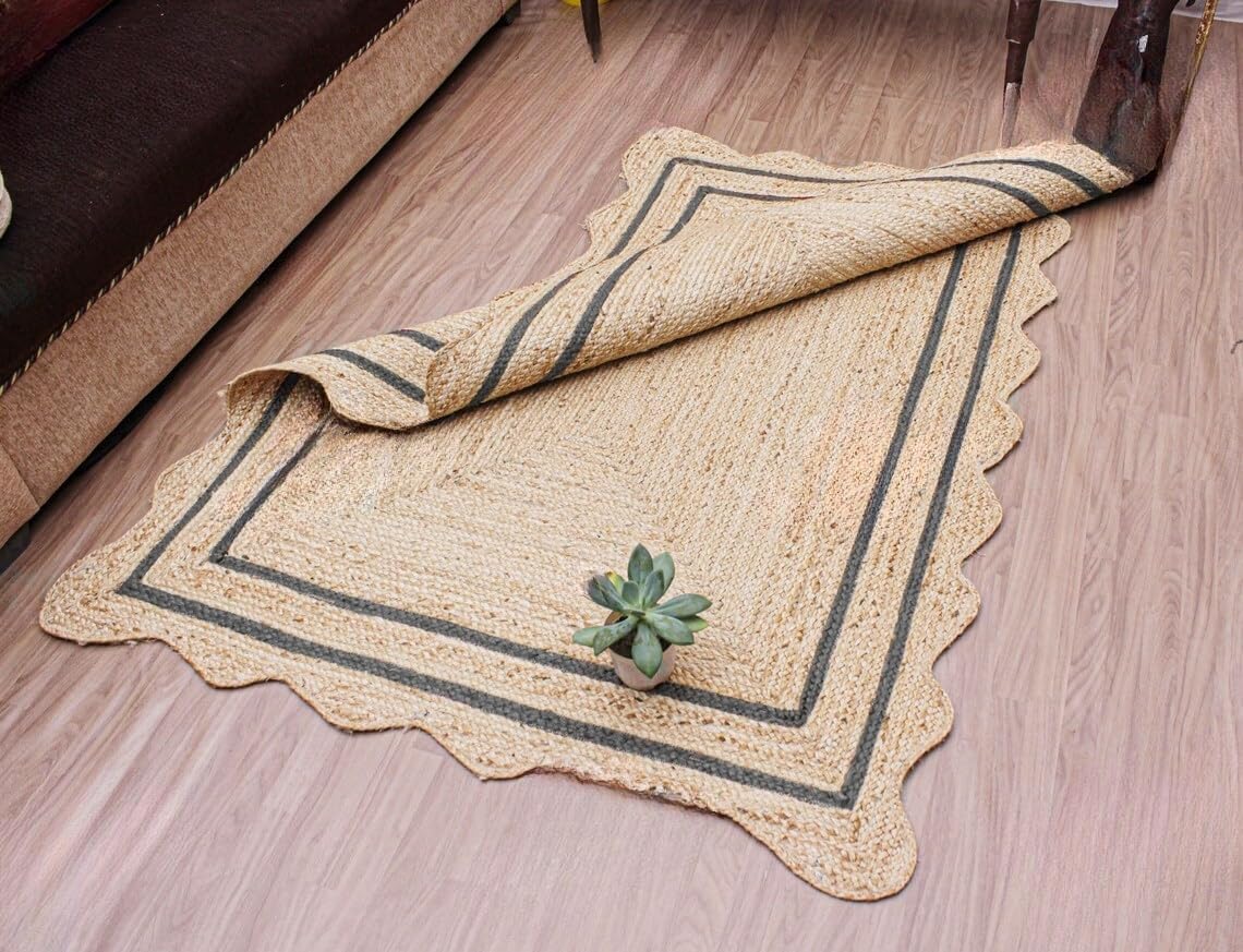 Bohemian Scalloped Jute Rug – Unique Design Natural Fiber Area Rug