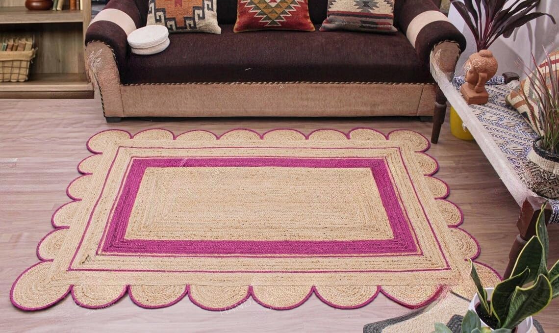 Handmade Scalloped Jute Rug – Boho Natural Fiber Rug with Unique Design