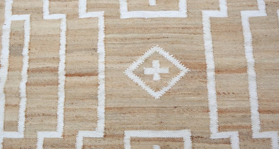 Handwoven Natural Jute & White Wool Boho Style Rug, Eco-Friendly Rugs