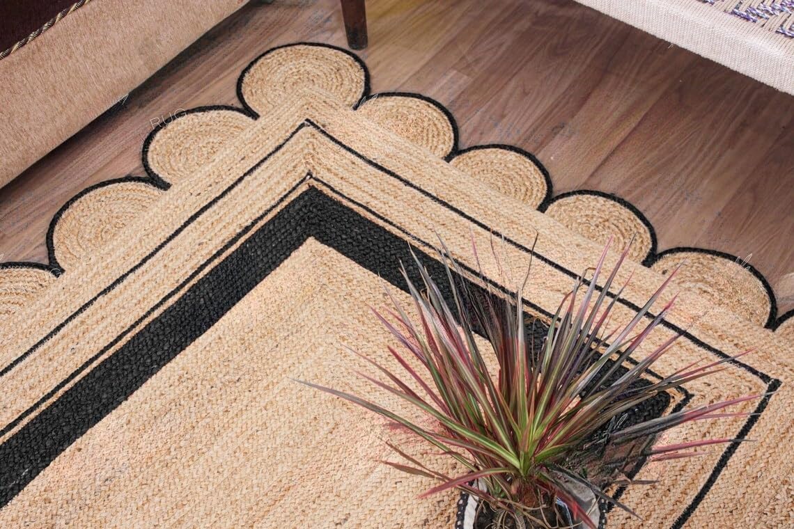 Handmade Scalloped Jute Rug – Boho Natural Fiber Rug with Unique Design