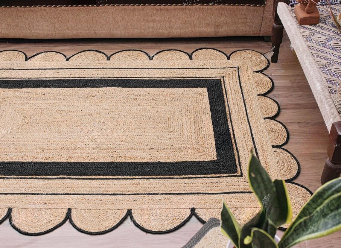 Handmade Scalloped Jute Rug – Boho Natural Fiber Rug with Unique Design