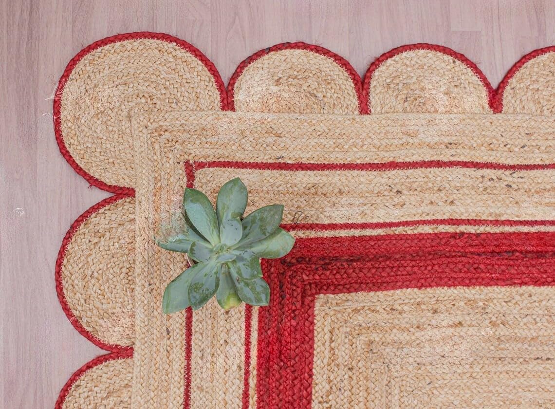 Handmade Scalloped Jute Rug – Boho Natural Fiber Rug with Unique Design