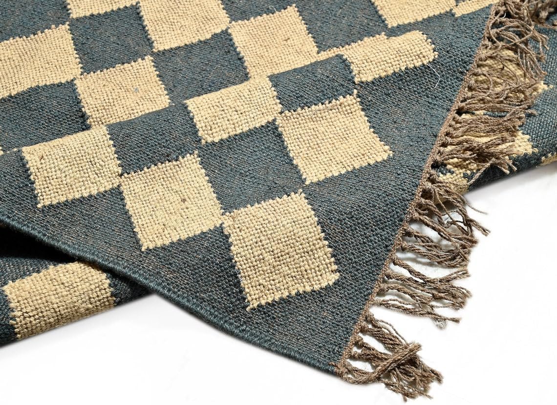 Dhurrie Rugs,Checkerboard Rug Blue White Rug Ecofriendly Area Rug, Bedside Area Rug