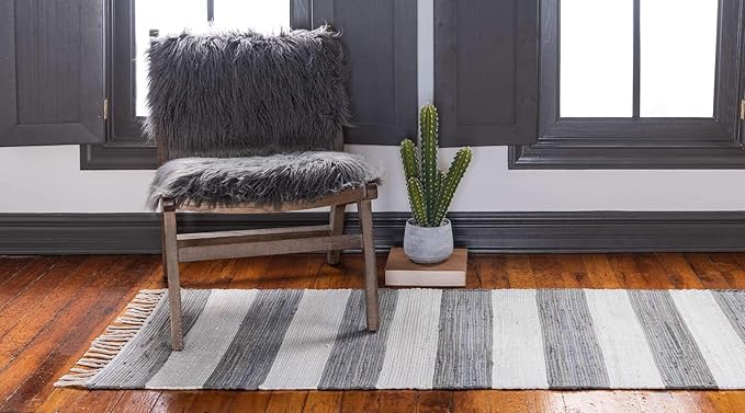 Chindi Rag Collection Hand Woven Striped Natural Fibers Gray Runner Rug
